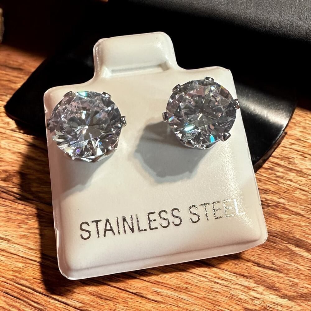 Stainless Steel Round Clear CZ Stud Earrings 8mm